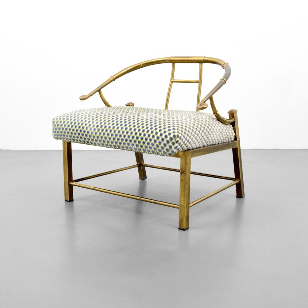 Mastercraft Lounge Chair: Designer & Manufacturer :Mastercraft Markings: no marking(s) apparent Country of Origin & Materials: USA; brass, upholstery Additional Information & Circa: Dimensions: 26.5"h, 27.75"w, 25.25"d