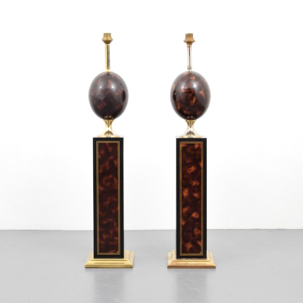 Pair of Philippe Barbier Faux Tortoise Floor Lamps: Designer & Manufacturer :Philippe Barbier Markings: no marking(s) apparent Country of Origin & Materials: France; wood, metal Additional Information & Circa: Provenance: Saint-Germain Antiques, New Yo