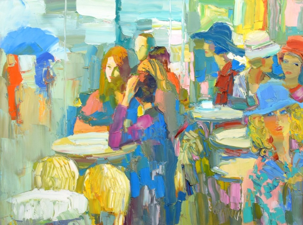 Large Nicola Simbari Painting, Original Work: Designer & Manufacturer :Nicola Simbari (1927 - 2012) Markings: signed Country of Origin & Materials: Italian; canvas Additional Information & Circa: Gallery label to reverse: Wally Findlay Galleries.