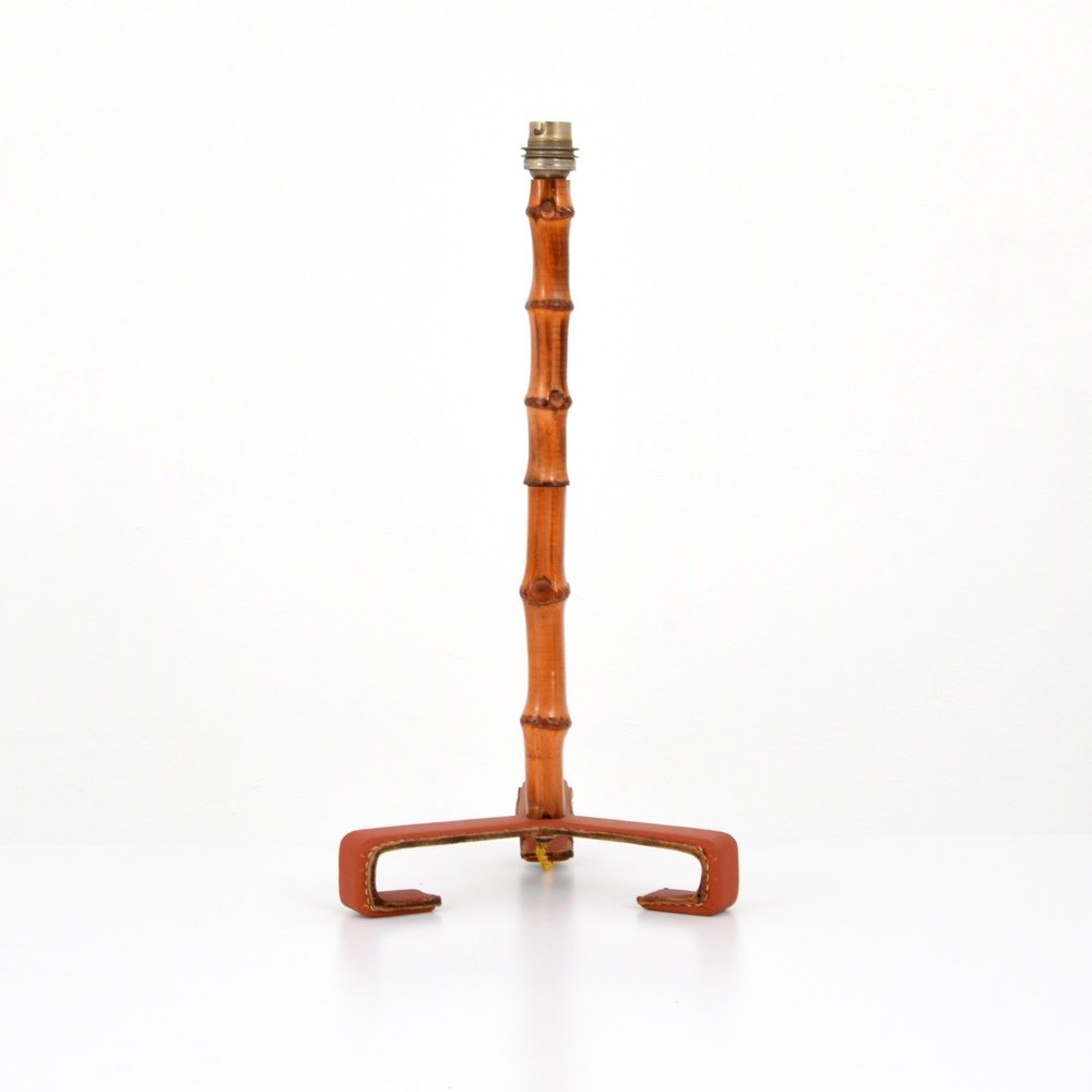 Jacques Adnet Lamp: Designer & Manufacturer :Jacques Adnet Markings: no marking(s) apparent Country of Origin & Materials: France; leather, metal, bamboo Additional Information & Circa: Provenance: Atomic Antiques, New Y