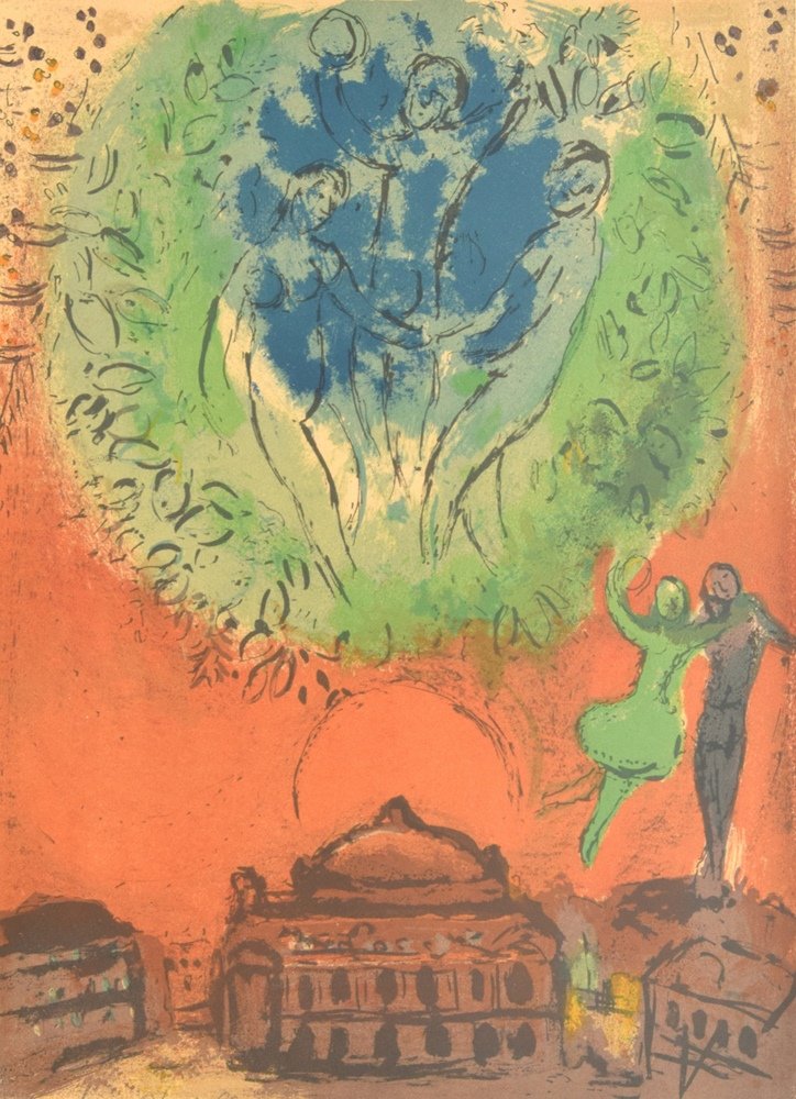 Marc Chagall Lithograph, Signed Edition: Designer & Manufacturer :Marc Chagall (1887 - 1985) Markings: signed; ed. 36/75; 1954 Country of Origin & Materials: Russian; Arches paper Additional Information & Circa: Work is titled L'OPERA and pu