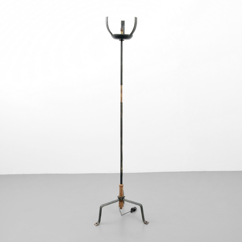 Jacques Adnet Floor Lamp: Designer & Manufacturer :Jacques Adnet Markings: no marking(s) apparent Country of Origin & Materials: France; brass, saddle-stitched leather Additional Information & Circa: Provenance: Atomic Antique