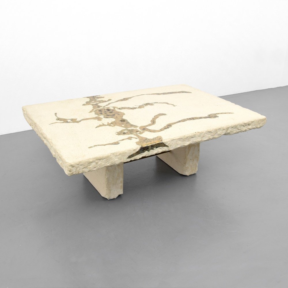 Silas Seandel Coffee Table: Designer & Manufacturer :Silas Seandel Markings: signed Country of Origin & Materials: USA; inlaid bronze, concrete Additional Information & Circa: Dimensions: 15.5"h, 45"w, 30"d