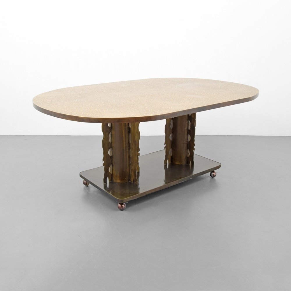 Rare Philip & Kelvin LaVerne ETRUSCAN Dining Table: Designer & Manufacturer :Philip & Kelvin LaVerne Markings: signed Country of Origin & Materials: USA; brass, acid-etched and patinated brass over pewter and wood Additional Information & Circa: Dimen