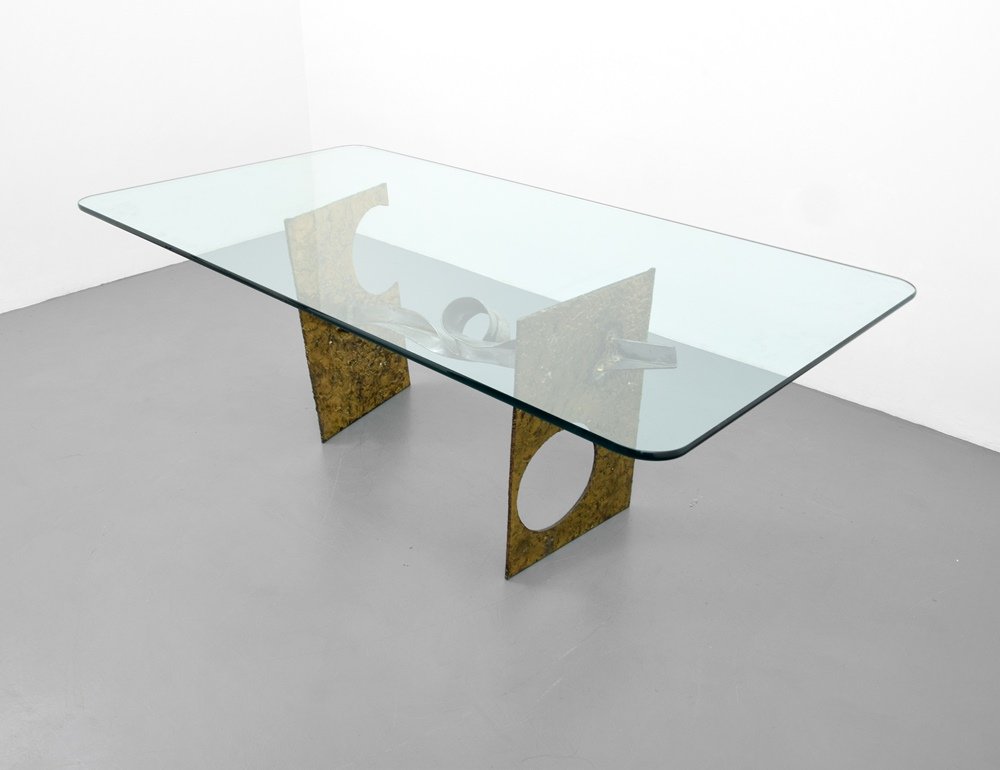 Silas Seandel Dining Table: Designer & Manufacturer :Silas Seandel Markings: signed; 1972 Country of Origin & Materials: USA; mixed metal, glass Additional Information & Circa: Dimensions: 29"h, 84"w, 44"d