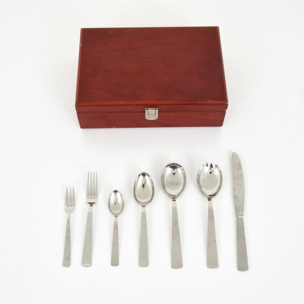 Gio Ponti MILANO Flatware Service, 108 pieces: Designer & Manufacturer :Gio Ponti; Argenteria Krupp Markings: ART. Krupp imprint Country of Origin & Materials: Italy; stainless steel Additional Information & Circa: The five-piece service for twent