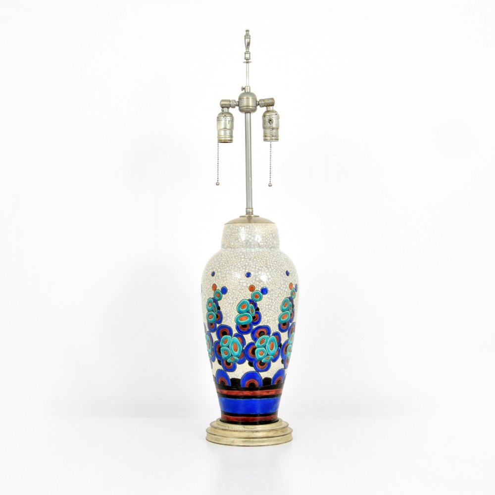 Large Boch Freres Keramis Lamp: Designer & Manufacturer :Boch Freres Keramis Markings: no marking(s) apparent Country of Origin & Materials: Belgium; glazed earthenware, metal, wood Additional Information & Circa: Dimensions: 32"h,