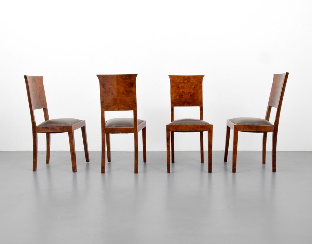 Art Deco Dining Chairs, Set of 4: Designer & Manufacturer :unknown Markings: no marking(s) apparent Country of Origin & Materials: Austrian or German; leather, root wood Additional Information & Circa: Dimensions: 37"h, 17"w, 17.75"d
