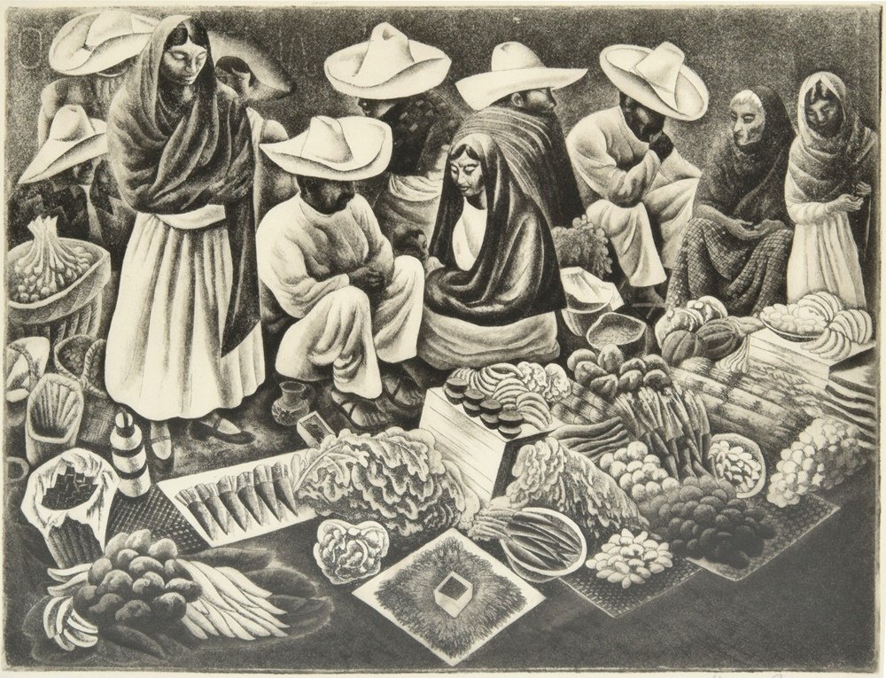 Howard Cook Aquatint, Signed: Designer & Manufacturer :Howard Cook (1901-1980) Markings: signed; ed. of 24; 1932 Country of Origin & Materials: American; paper Additional Information & Circa: Work is titled TAXCO MARKET. Various l