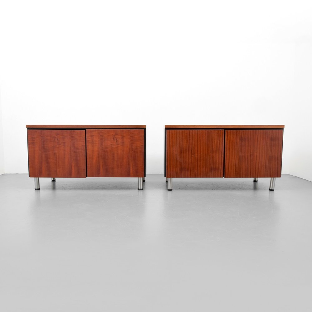Pair of Henredon Cabinets: Designer & Manufacturer :Henredon Markings: Henredon label Country of Origin & Materials: USA; wood, metal Additional Information & Circa: Each cabinet has two doors with adjustable shelves. Dimension