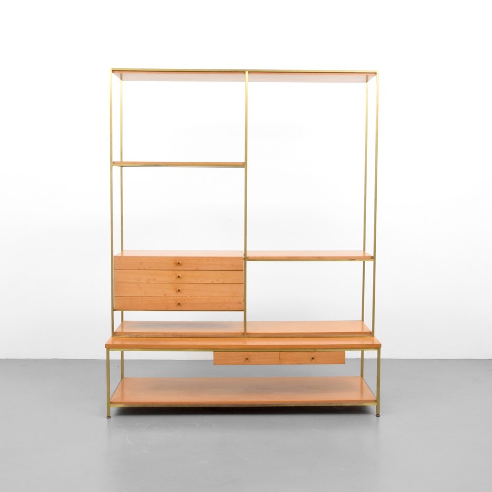 Paul McCobb Shelving Unit/Room Divider: Designer & Manufacturer :Paul McCobb; Calvin Markings: Calvin label, The Irwin Collection label Country of Origin & Materials: USA; brass, mahogany Additional Information & Circa: Shelving unit has si