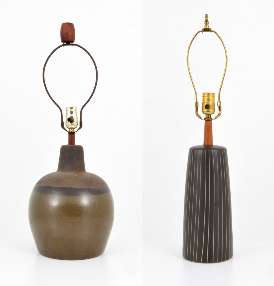 2 Gordon & Jane Martz Lamps: Designer & Manufacturer :Gordon & Jane Martz; Marshall Studios, Inc. Markings: signed, Marshall Studios, Inc. label Country of Origin & Materials: USA; pottery, wood Additional Information & Circa: D