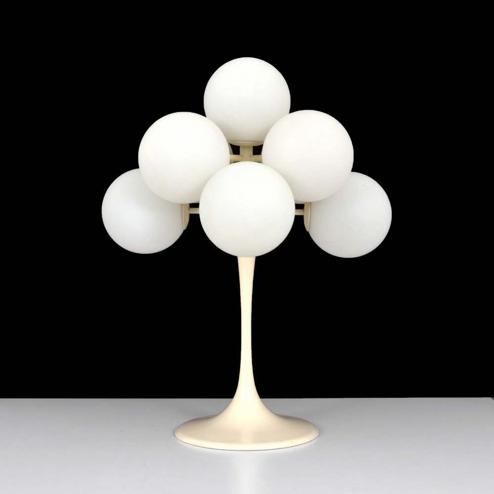 Max Bill Lamp: Designer & Manufacturer :Max Bill Markings: Made in Switzerland label Country of Origin & Materials: Switzerland; metal, glass Additional Information & Circa: Lamp has nine light sockets and glass g