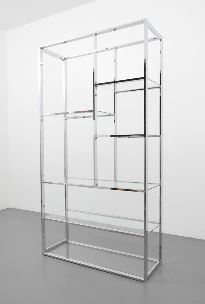 DIA Etagere, Manner of Milo Baughman: Designer & Manufacturer :Milo Baughman, Manner of; Design Institute of America Markings: DIA label Country of Origin & Materials: USA; chromed metal, glass Additional Information & Circa: Dimensions: 