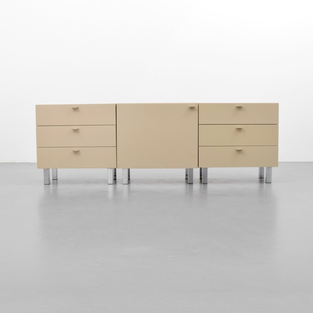 Dieter Waeckerlin Cabinets, Set of 3: Designer & Manufacturer :Dieter Waeckerlin; Behr Markings: Behr label Country of Origin & Materials: Switzerland; wood, metal Additional Information & Circa: Two cabinets with three drawers and a