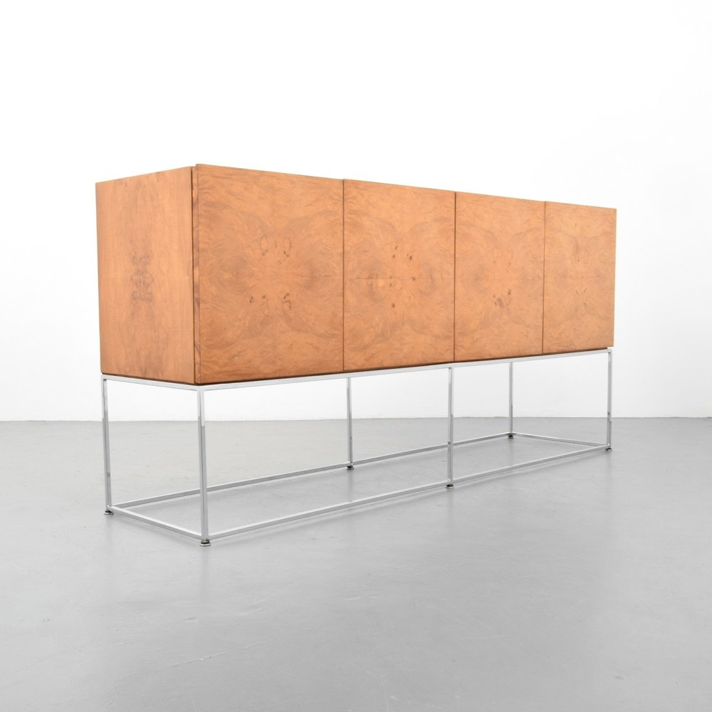 Milo Baughman Cabinet: Designer & Manufacturer :Milo Baughman; Thayer Coggin Markings: Thayer Coggin label Country of Origin & Materials: USA; burl wood, laminate, chromed metal Additional Information & Circa: Cabinet has t