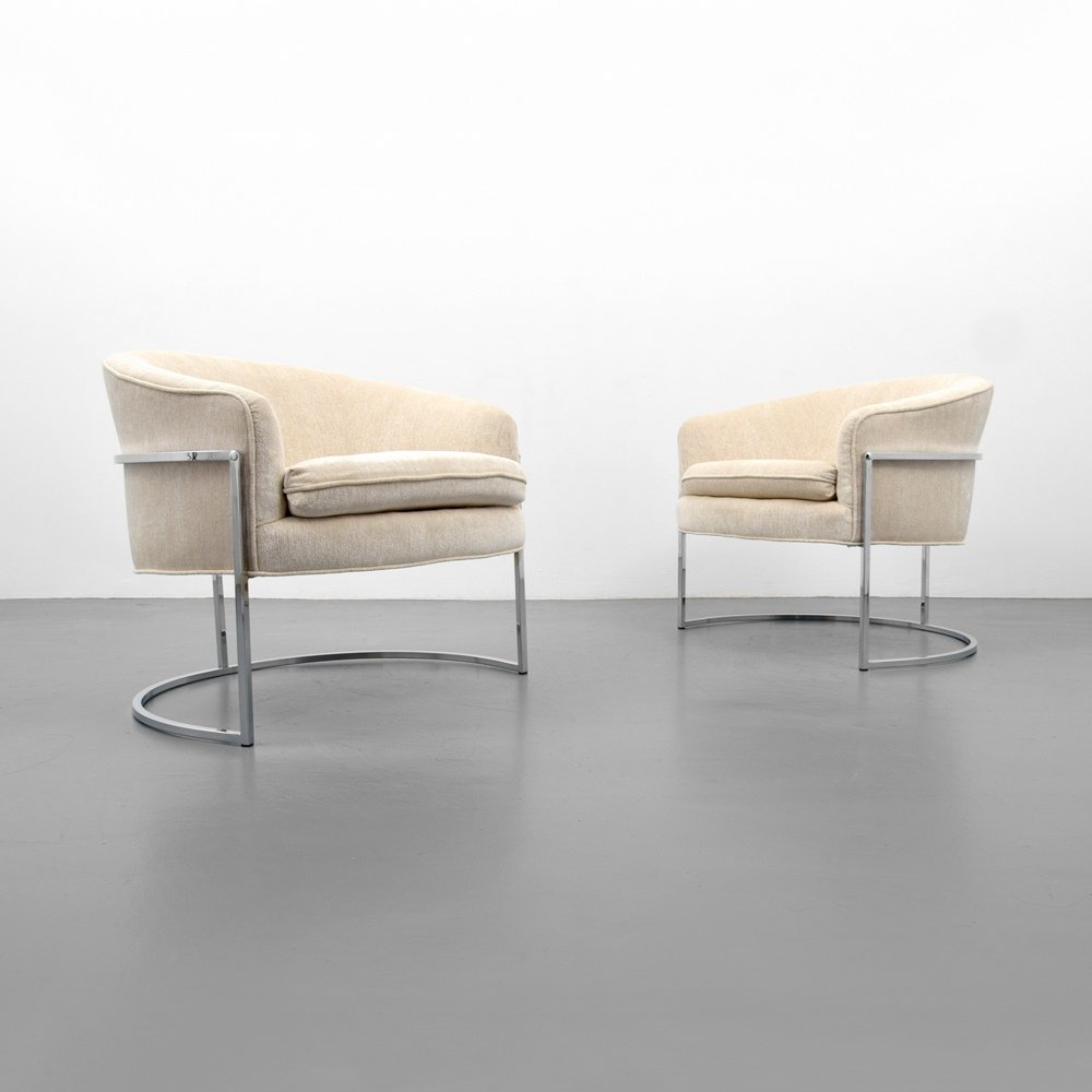 Pair of Milo Baughman Lounge Chairs: Designer & Manufacturer :Milo Baughman; Thayer Coggin Markings: no marking(s) apparent Country of Origin & Materials: USA; chromed metal, upholstery Additional Information & Circa: Dimensions: 26.75"