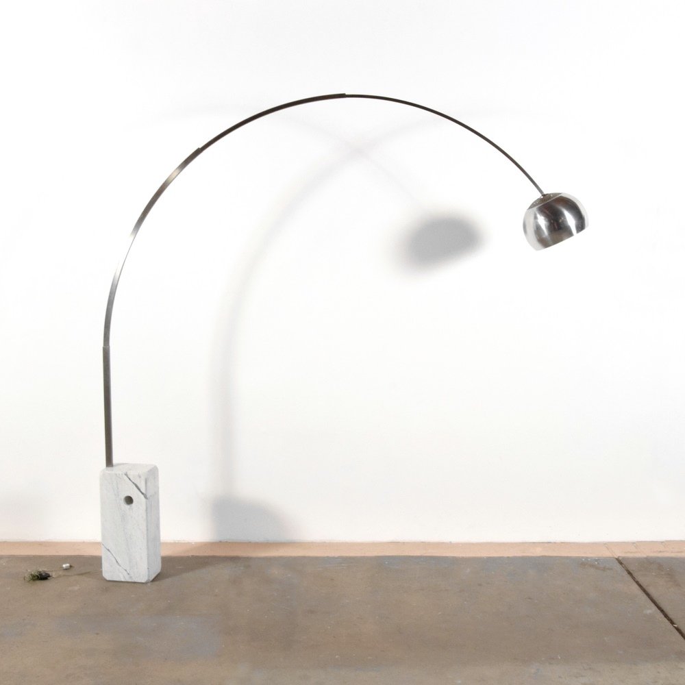 Achille & Pier Giacomo Castiglioni ARCO Floor Lamp: Designer & Manufacturer :Achille & Pier Giacomo Castiglioni; Flos Markings: no marking(s) apparent Country of Origin & Materials: Italy; marble, stainless steel, aluminum Additional Information & Circ