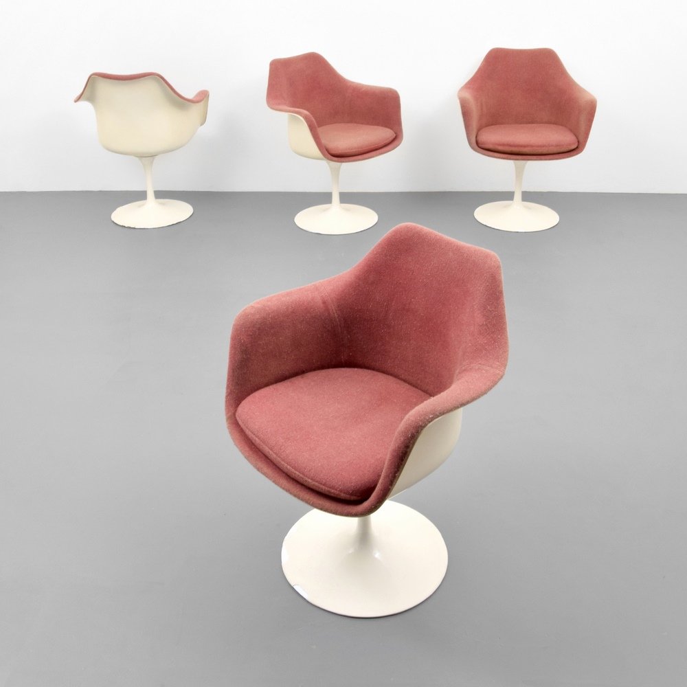 Eero Saarinen TULIP Arm Chairs, Set of 4: Designer & Manufacturer :Eero Saarinen; Knoll Inc. Markings: Knoll Inc. label Country of Origin & Materials: USA; plastic, upholstery, aluminum Additional Information & Circa: Chairs are the PEDESTAL 