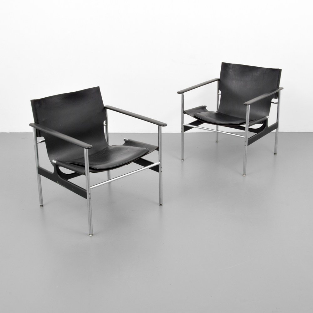 Pair of Charles Pollock SLING Lounge Chairs: Designer & Manufacturer :Charles Pollock; Knoll International Markings: Knoll International label Country of Origin & Materials: USA; metal; leather Additional Information & Circa: Chairs are model #6