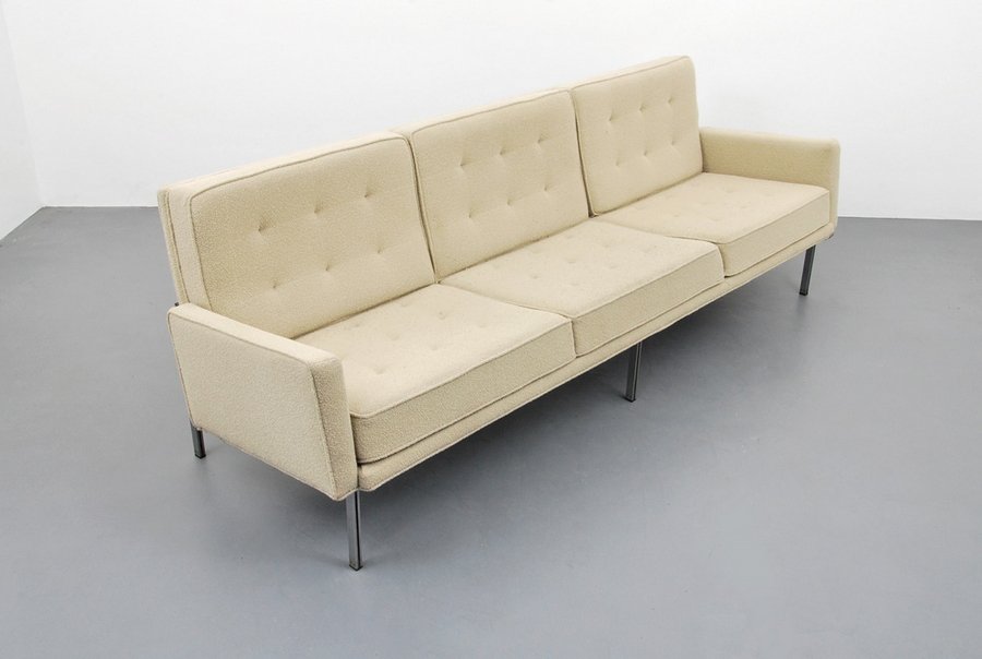 Early Florence Knoll PARALLEL BAR Sofa: Designer & Manufacturer: Florence Knoll; Knoll Markings: no marking(s) apparent Country of Origin & Materials: USA; upholstery, matte chrome-plated steel, enameled steel Additional Information & Circa