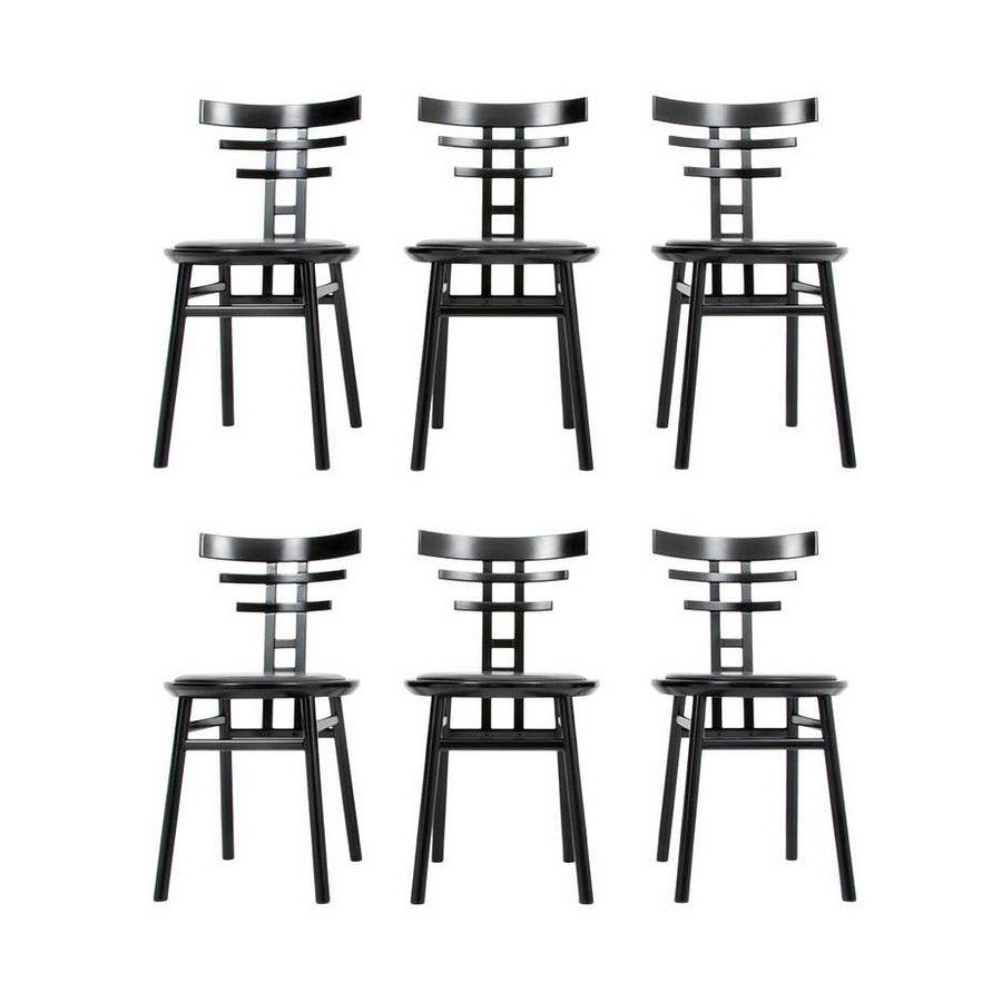 De Pas, D’Urbino & Lomazzi Chairs, Set of 6: Designer & Manufacturer: Jonathan De Pas, Donato D’Urbino & Paolo Lomazzi; Sormani Markings: Sormani label Country of Origin & Materials: Italy; wood, leather Additional Information & Circa: Set of