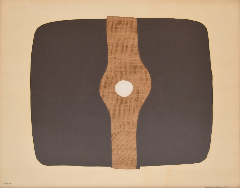 Conrad Marca-Relli Collage, Limited Edition: Designer & Manufacturer: Conrad Marca-Relli (1913-2000) Markings: signed; ed. 40/50; 1970 Country of Origin & Materials: American; paper and burlap on paper Additional Information & Circa: Provenance: