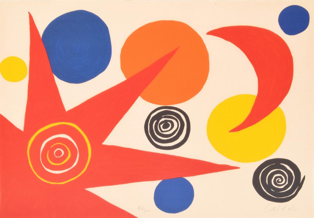 Alexander Calder Lithograph, Signed Edition: Artist: Alexander Calder (1898-1976) Markings: signed; ed. 42/100 Country of Origin & Materials: American; paper Additional Information: Work is from the LA MEMOIRE ELEMENTARE (ELEMENTARY MEMORY) suit