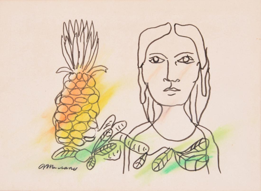 Mariano Rodriguez Ink / Pastel Drawing, Original Work: Artist: Mariano Rodriguez (1912-1990) Markings: signed; circa 1982 Country of Origin & Materials: Cuban; ink and pastel on paper Additional Information: Work is titled RETRATO DE MUJER CON PINA (PORTR