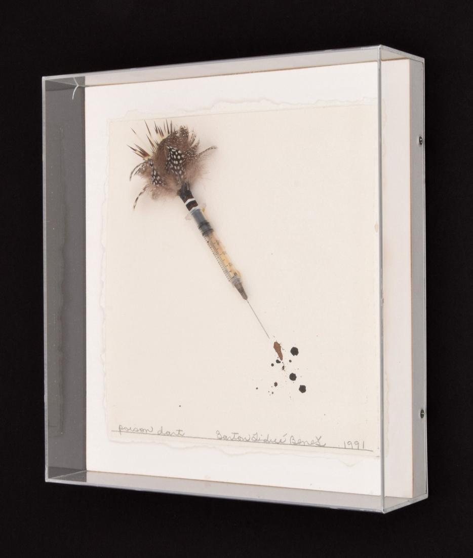 Barton Lidice Benes POISON DART Mixed Media Work: Artist: Barton Lidice Benes (1942-2012) Markings: signed; 1991 Country of Origin & Materials: American; paper, acrylic, metal, feather, blood Additional Information: Work is titled POISON DART. Consig