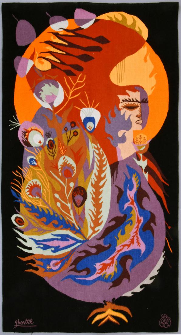Large Y. Ghorbel (After) Tapestry: Artist: Y. Ghorbel (after) Markings: signed; label Country of Origin & Materials: Tunisian; tapestry Additional Information: Provenance: Private Collection, Boca Raton, Florida. Additional Information
