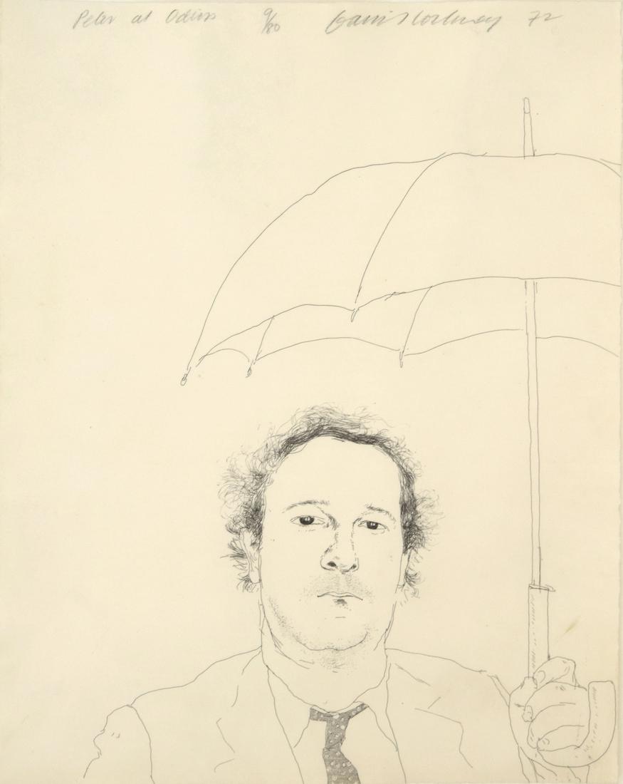 David Hockney Lithograph, Signed Edition: Artist: David Hockney (b. 1937) Markings: signed; ed. 9/80; 1972 Country of Origin & Materials: English/American; paper Additional Information: Work is titled PETER AT ODINS. Provenance: Private Colle