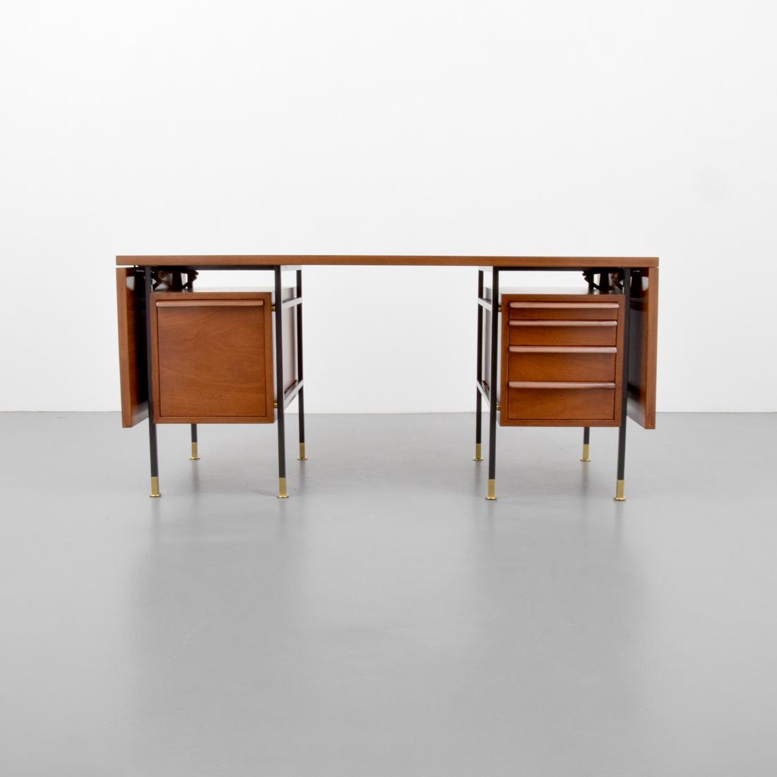 Edward Wormley Desk: Designer & Manufacturer: Edward Wormley; Dunbar Markings: no marking(s) apparent Country of Origin & Materials: USA; walnut, brass, enamel on metal Additional Information: Expandable desk features one