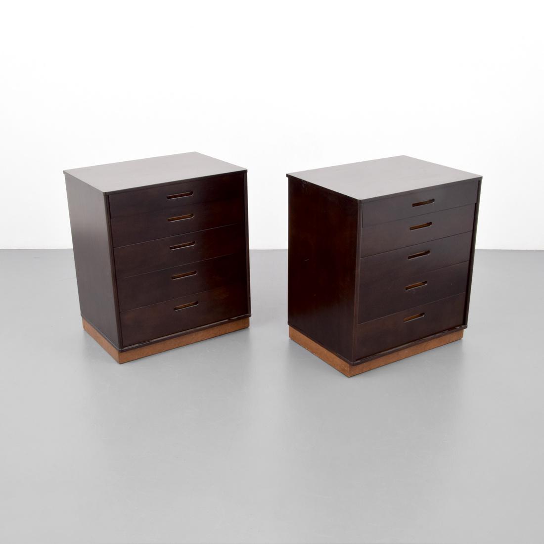 Pair of Edward Wormley Chests: Designer & Manufacturer: Edward Wormley; Dunbar Markings: Dunbar plaque Country of Origin & Materials: USA; wood Additional Information: Each chest has five drawers. Dimensions(H,W,D): 30"h, 37.75"w, 