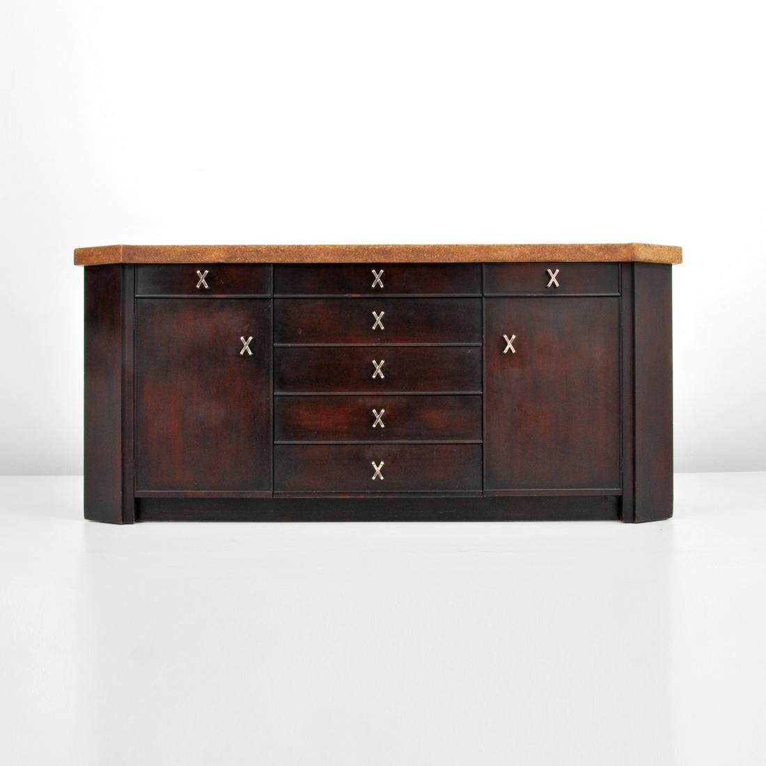 Paul Frankl Cabinet: Designer & Manufacturer: Paul Frankl; Johnson Furniture Co. Markings: Johnson Furniture Co. stamp Country of Origin & Materials: USA; wood, cork, metal Additional Information: Cabinet with cork top, "