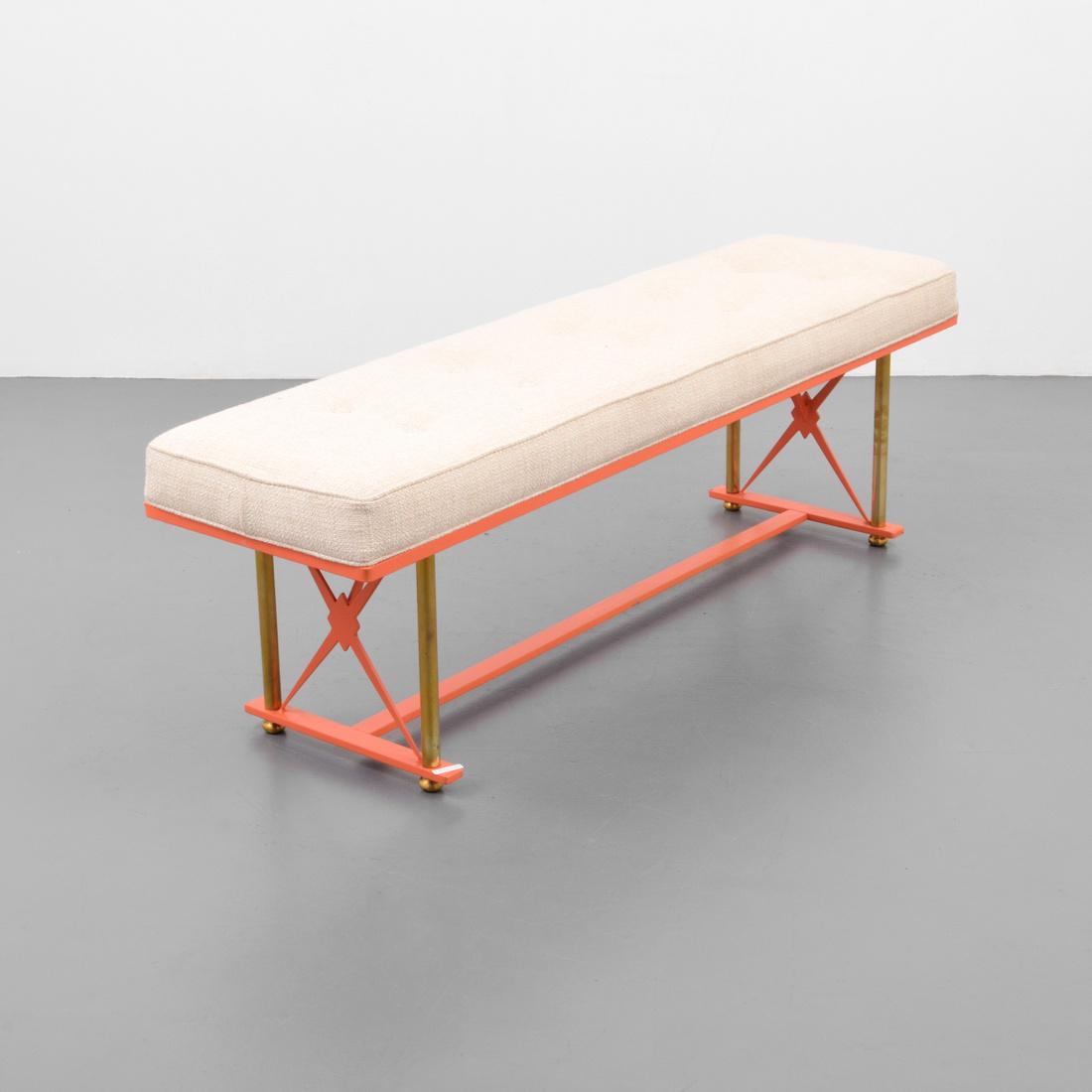 Bench, Manner of Tommi Parzinger: Designer & Manufacturer: Tommi Parzinger, manner of Markings: no marking(s) apparent Country of Origin & Materials: unknown; metal, upholstery Additional Information: No additional information. Dimens
