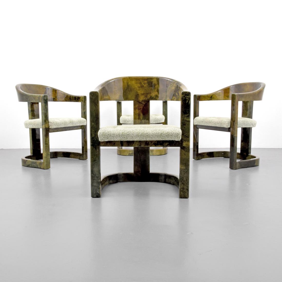 Karl Springer ONASSIS Chairs, Set of 4: Designer & Manufacturer: Karl Springer; Karl Springer, Ltd. Markings: label Country of Origin & Materials: USA; lacquered parchment, upholstery Additional Information: Reference: Karl Springer Ltd. ca
