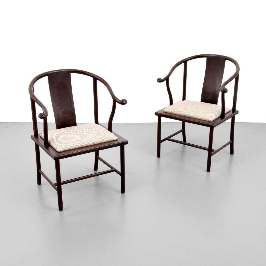 Pair of Smith & Watson Arm Chairs: Designer & Manufacturer: Smith & Watson Markings: Smith & Watson plaque Country of Origin & Materials: USA; wood, upholstery Additional Information: No additional information. Dimensions(H,W,D): 34.75