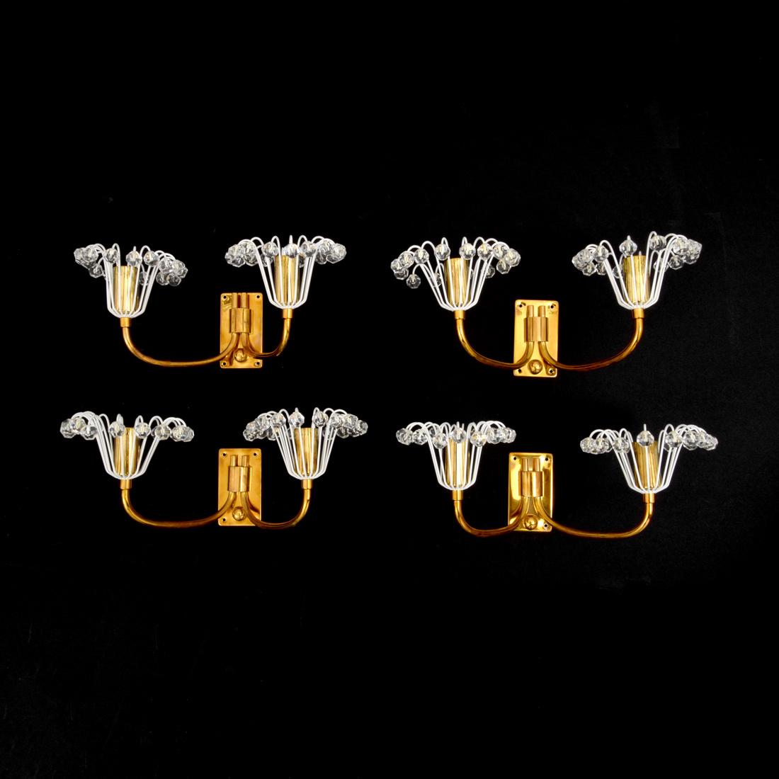 Set of Four Sconces, Manner of Emil Stejnar: Designer & Manufacturer: Emil Stejnar, manner of Markings: no marking(s) apparent Country of Origin & Materials: unknown; brass, glass Additional Information: No additional information. Dimensions(H,W
