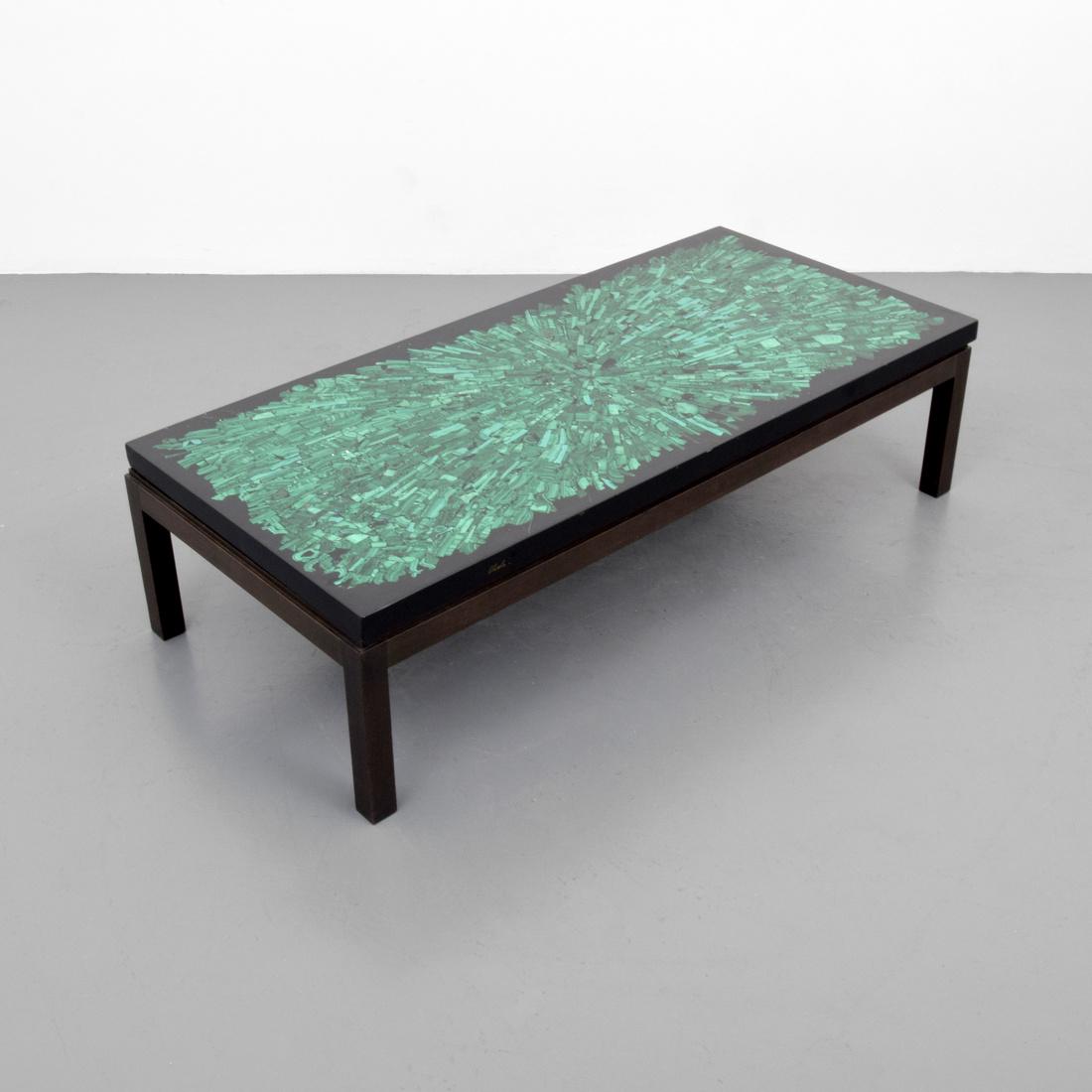 Ado Chale Malachite Coffee Table: Designer & Manufacturer: Ado Chale Markings: signed Country of Origin & Materials: Belgium; wood, malachite Additional Information: No additional information. Dimensions(H,W,D): 13.5"h, 51"w, 23.5"d