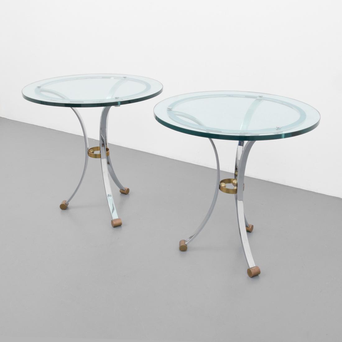 Pair End / Occasional Tables, Manner of Maison Jansen: Designer & Manufacturer: Maison Jansen, manner of Markings: no marking(s) apparent Country of Origin & Materials: France; chromed metal, brass Additional Information: No additional information. Dimens