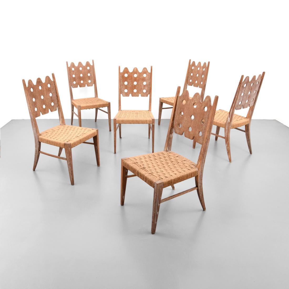 Set of 6 Dining Chairs, Manner of Jean Royere: Designer & Manufacturer: Jean Royere, manner of Markings: no marking(s) apparent Country of Origin & Materials: unknown; cerused oak, fiber Additional Information: No additional information. Dimension