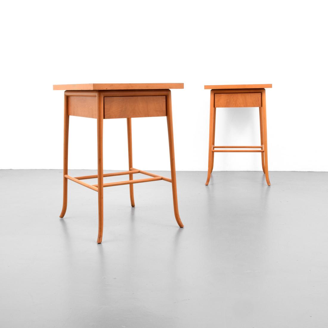 Pair of T.H. Robsjohn-Gibbings Nightstands: Designer & Manufacturer: T.H. Robsjohn-Gibbings Markings: no marking(s) apparent Country of Origin & Materials: USA; walnut, glass Additional Information: Nightstands have splayed legs, drawer, and lo