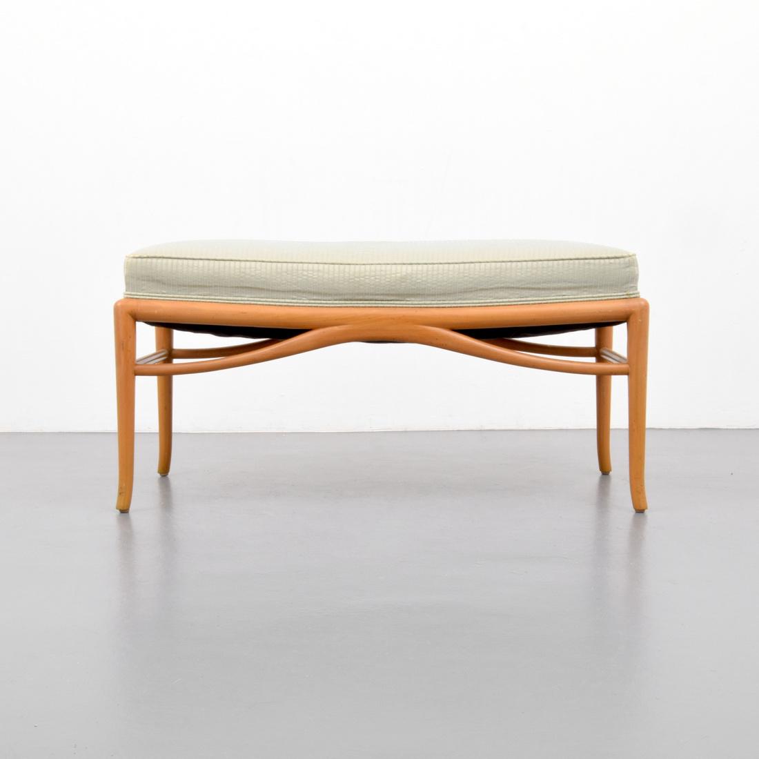 T.H. Robsjohn-Gibbings Bench: Designer & Manufacturer: T.H. Robsjohn-Gibbings Markings: no marking(s) apparent Country of Origin & Materials: USA; walnut, upholstery Additional Information: The bench is depicted in situ within the
