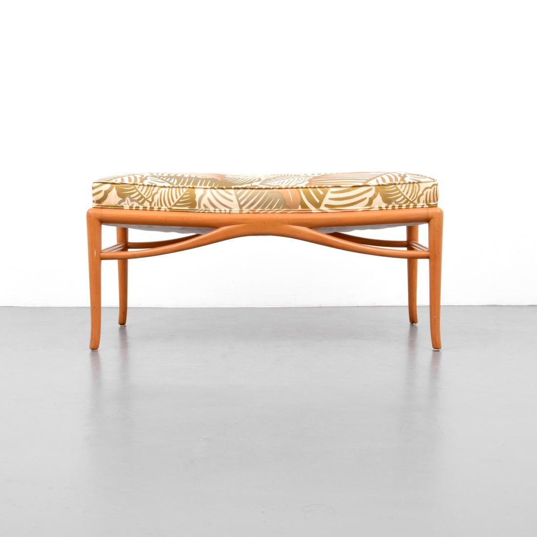 T.H. Robsjohn-Gibbings Bench: Designer & Manufacturer: T.H. Robsjohn-Gibbings Markings: no marking(s) apparent Country of Origin & Materials: USA; walnut, upholstery Additional Information: The bench is depicted in situ within the