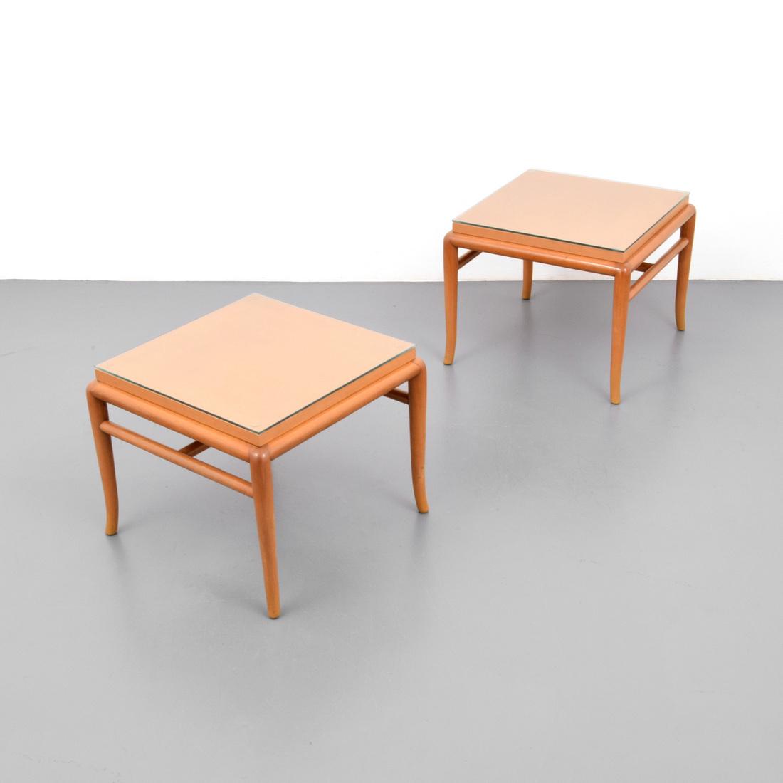Pair of T.H. Robsjohn-Gibbings End Tables: Designer & Manufacturer: T.H. Robsjohn-Gibbings Markings: no marking(s) apparent Country of Origin & Materials: USA; walnut, glass Additional Information: Provenance: Designed by Robsjohn-Gibbings for
