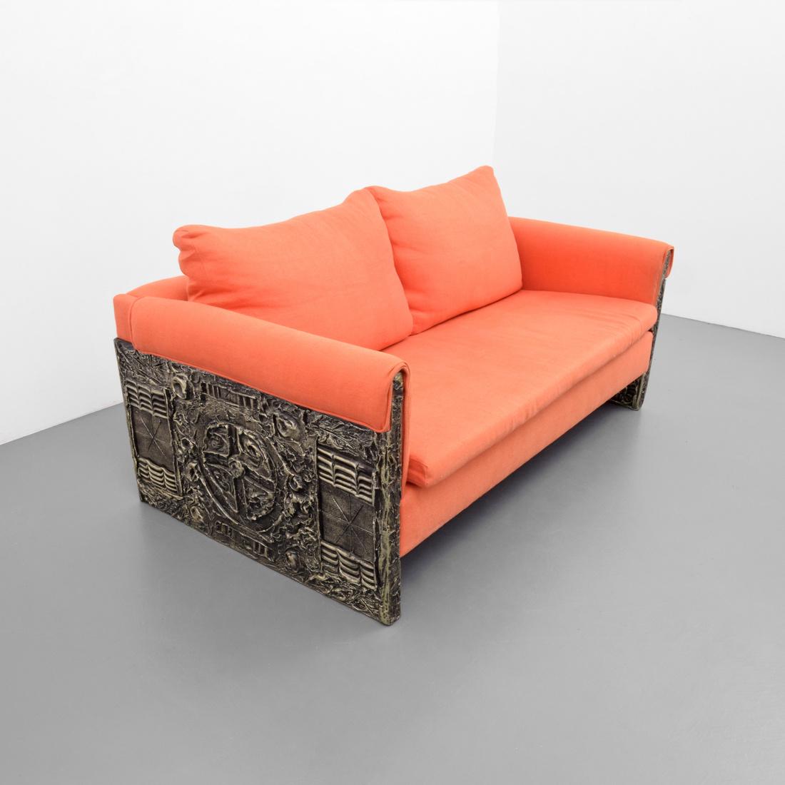 Adrian Pearsall Sofa, Manner of Paul Evans: Designer & Manufacturer: Adrian Pearsall; Craft Associates Markings: no marking(s) apparent Country of Origin & Materials: USA; bronzed resin, wood, upholstery Dimensions(H,W,D): 30"h, 62"w, 34"d; 15"