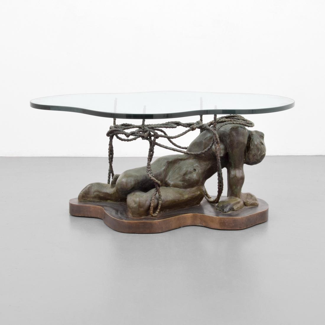 Rare Philip & Kelvin Laverne Figural Bronze Coffee: Designer & Manufacturer: Philip & Kelvin Laverne Markings: Philip Laverne Collection label Country of Origin & Materials: USA; lost wax casting in bronze, glass Additional Information: Table is titled