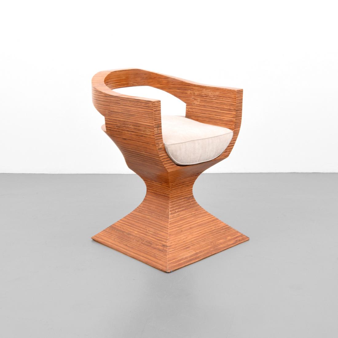 Arm Chair, Manner of Wendell Castle: Designer & Manufacturer: Wendell Castle, manner of Markings: no marking(s) apparent Country of Origin & Materials: unknown; wood, upholstery Additional Information: No additional information. Dimensio