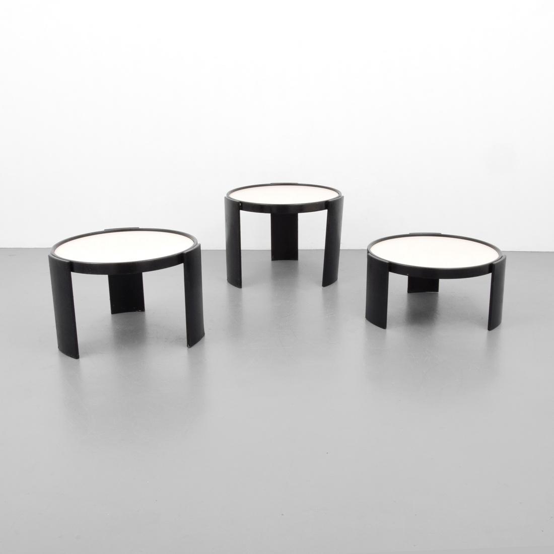Gianfranco Frattini Nesting Tables, Set of 3: Designer & Manufacturer: Gianfranco Frattini; Cassina Markings: no marking(s) apparent Country of Origin & Materials: Italy; lacquered beechwood, plastic laminate Additional Information: Tables are mo